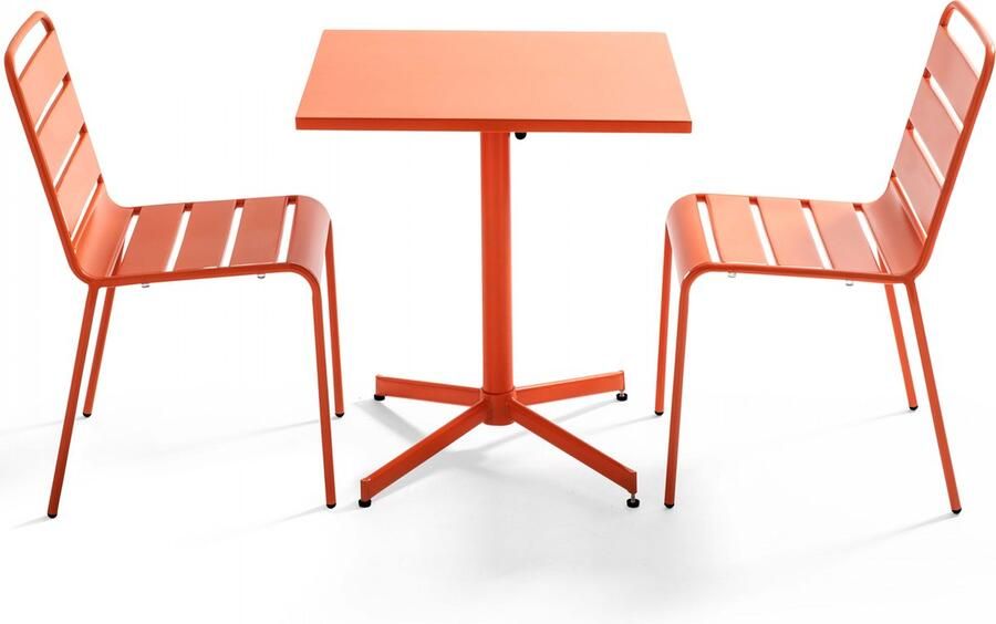 Oviala Set van een vierkante tuin tafel en 2 oranje stoelen Palavas