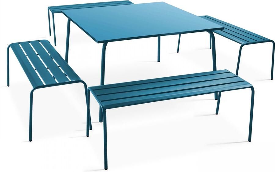 Oviala Set van een vierkante tuin tafel en 4 banken in blauw pacific metaal Palavas