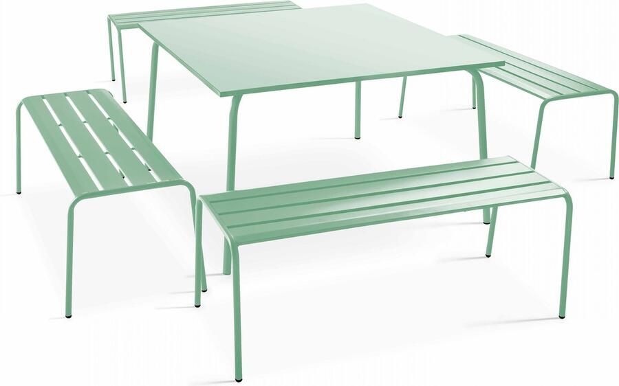 Oviala Set van een vierkante tuin tafel en 4 banken in groen salie metaal Palavas