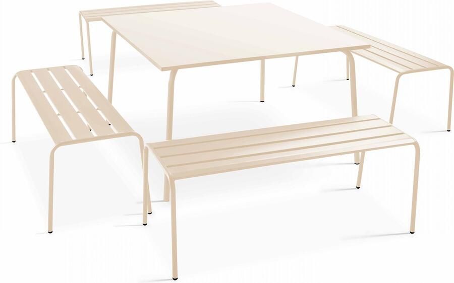Oviala Set van een vierkante tuin tafel en 4 banken in ivoor metaal Palavas