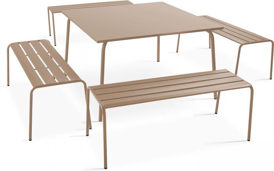 Oviala Set van een vierkante tuin tafel en 4 banken in taupe metaal Palavas