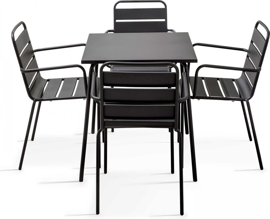 Oviala Set van een vierkante tuin tafel en 4 grijze stalen fauteuils Palavas