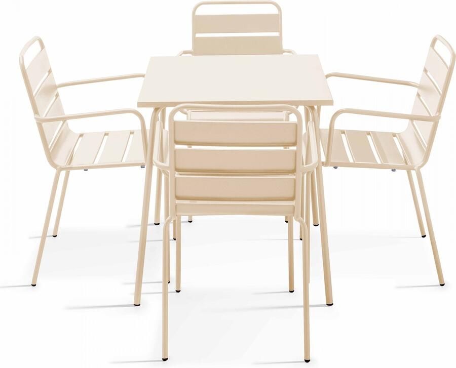 Oviala Set van een vierkante tuin tafel en 4 ivoorkleurige stalen fauteuils Palavas