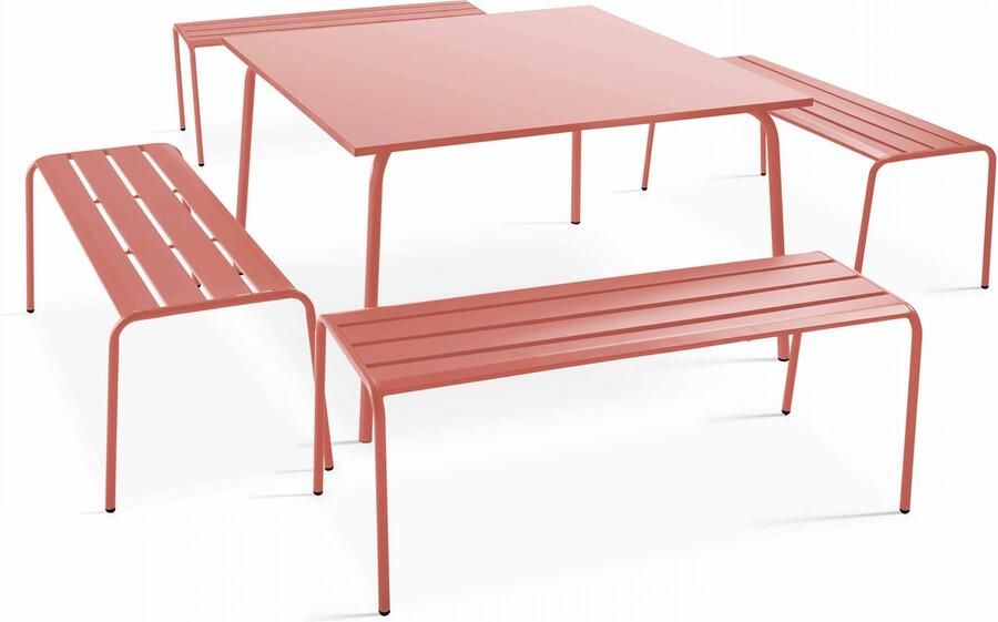 Oviala Set van een vierkante tuin tafel en 4 kleibanken van metaal Palavas