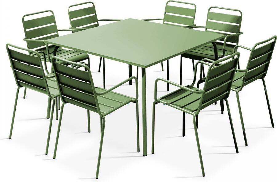 Oviala Set van een vierkante tuin tafel en 8 fauteuils in cactusgroen metaal Palavas