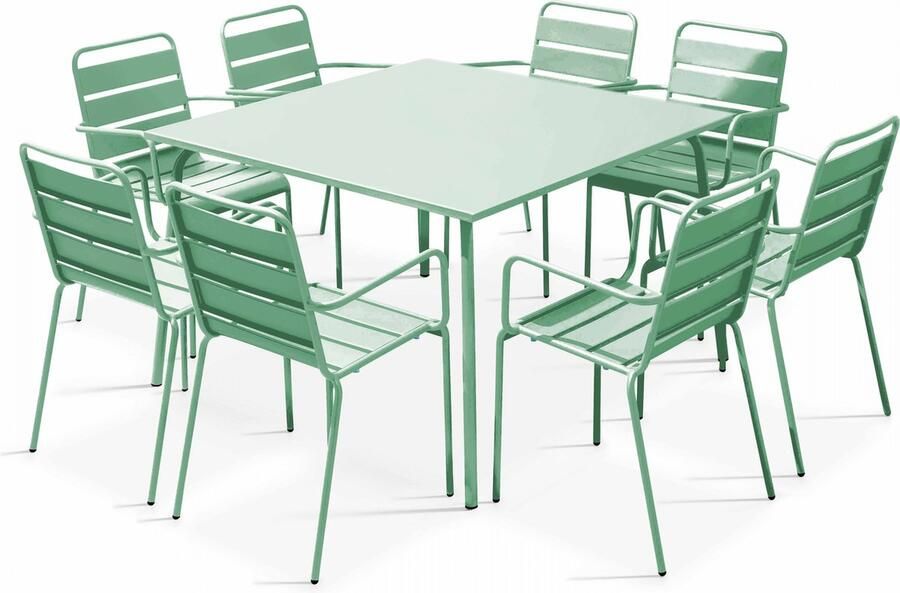Oviala Set van een vierkante tuin tafel en 8 fauteuils in groen salie metaal Palavas