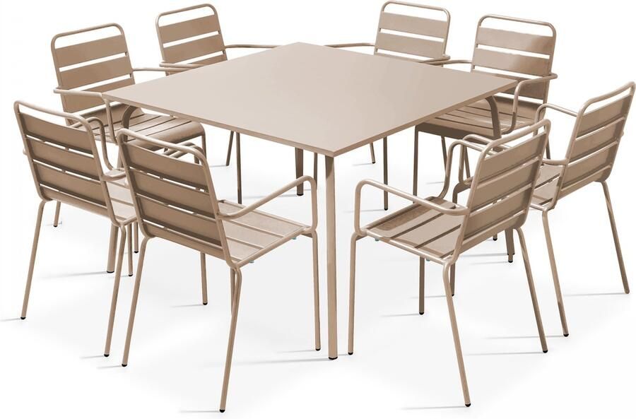 Oviala Set van een vierkante tuin tafel en 8 taupe stoelen Palavas