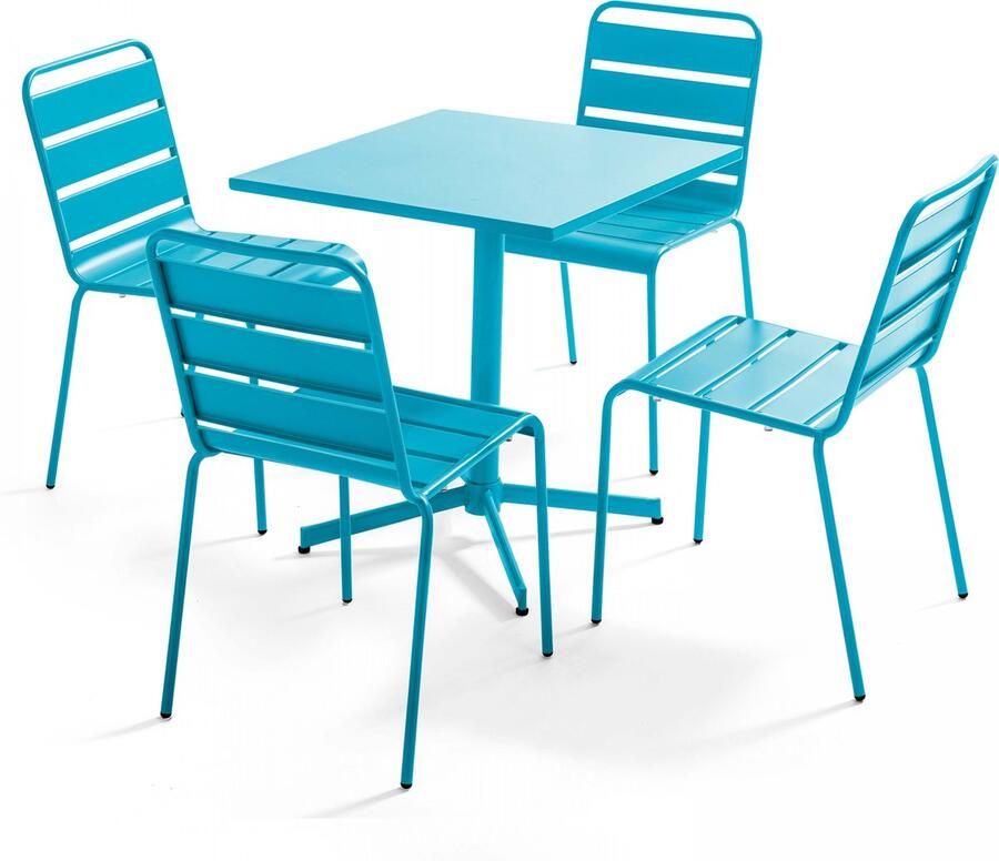 Oviala Set van een vierkante tuintafel en 4 blauwe stoelen Palavas