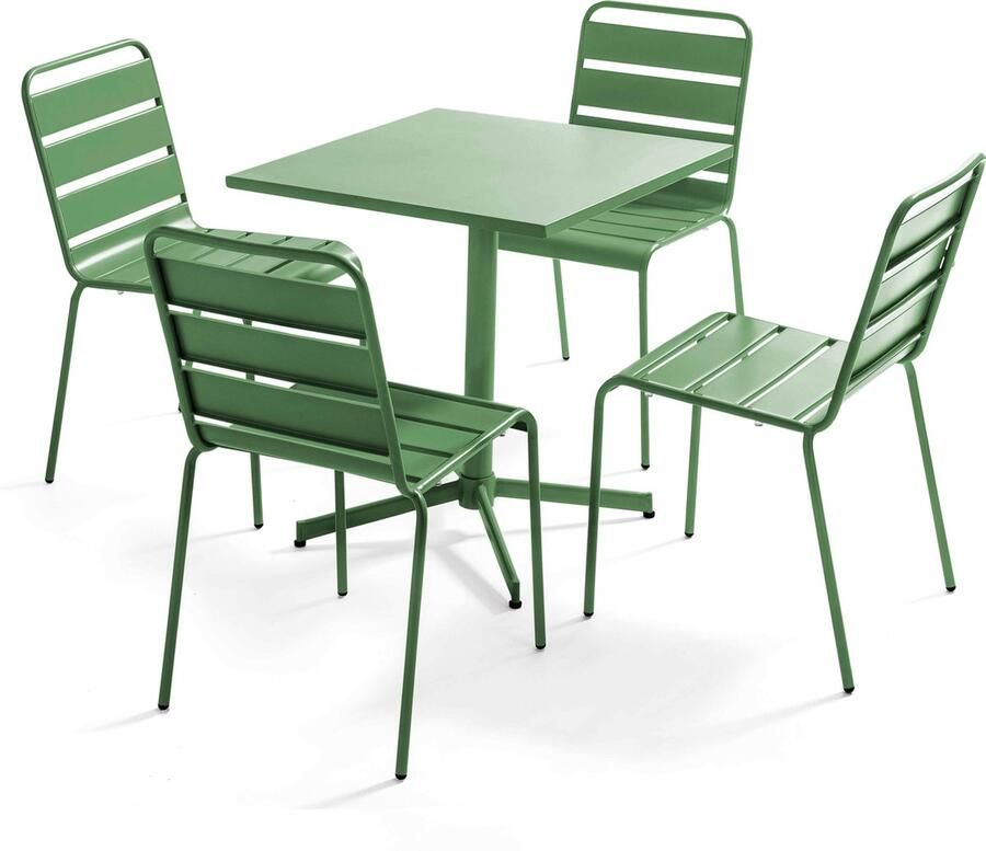 Oviala Set van een vierkante tuintafel en 4 cactusgroene stoelen Palavas