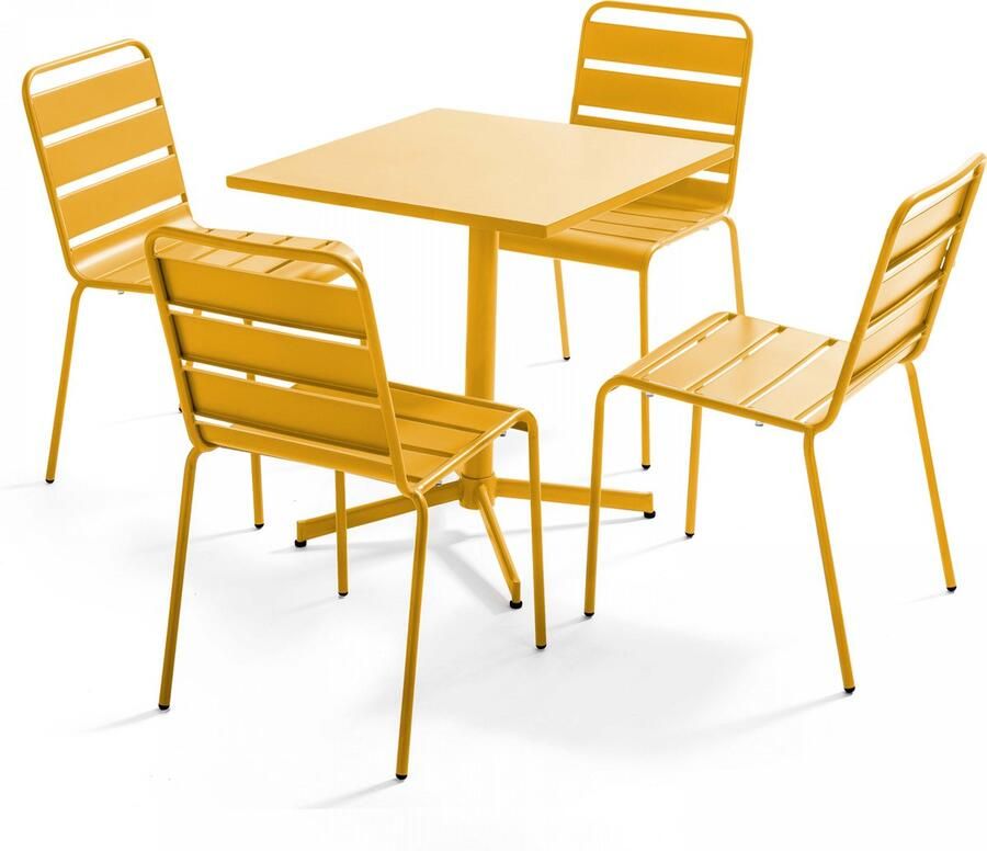 Oviala Set van een vierkante tuintafel en 4 gele stoelen Palavas