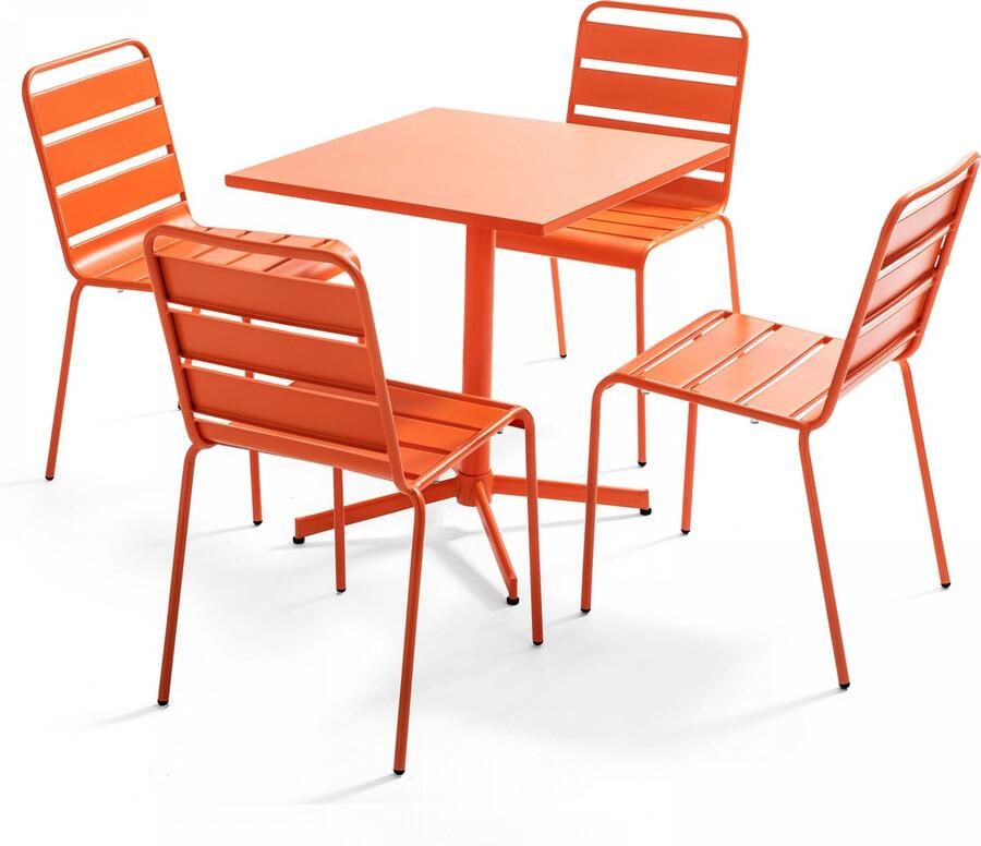 Oviala Set van een vierkante tuintafel en 4 oranje stoelen Palavas