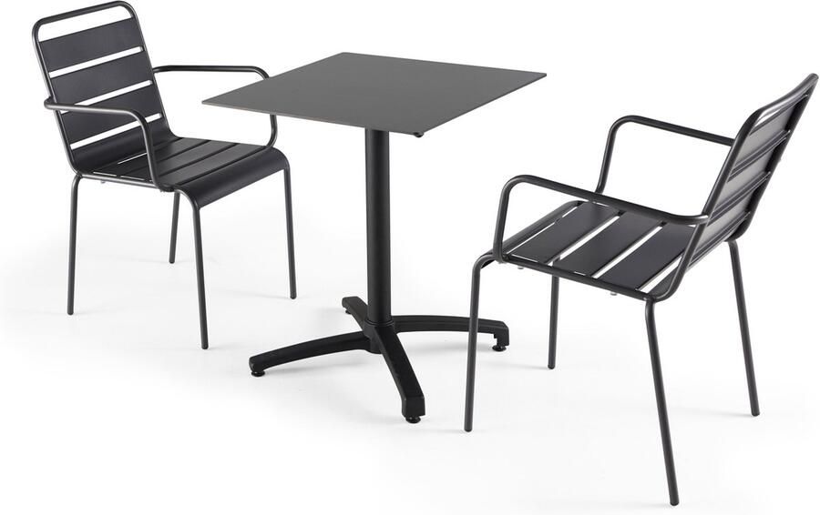 Oviala Set van een zwarte gelamineerde tuinset en 2 grijze Palavas fauteuils