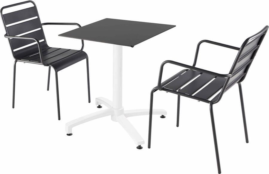 Oviala Set van een zwarte gelamineerde tuintafel en 2 grijze fauteuils