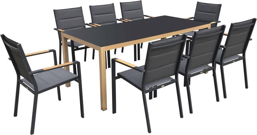 Oviala Set van tafel en 8 grijze houtlook tuinstoelen