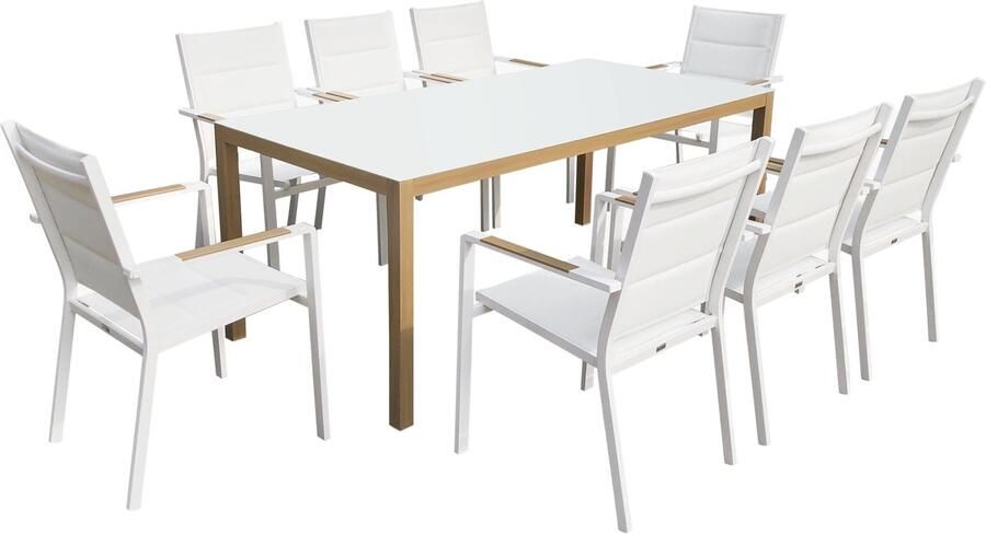 Oviala Set van tafel en 8 witte tuinstoelen met houtlook