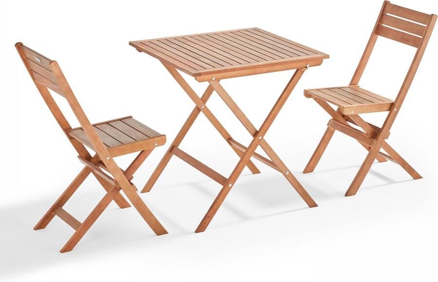Oviala Tafel en 2 inklapbare houten stoelen van eucalyptus Sete
