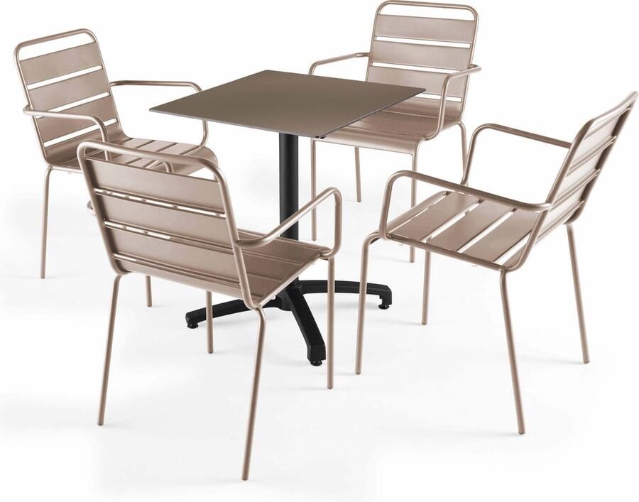 Oviala Taupe verstelbare tafel 60x60 cm en 4 taupe fauteuils Opéra