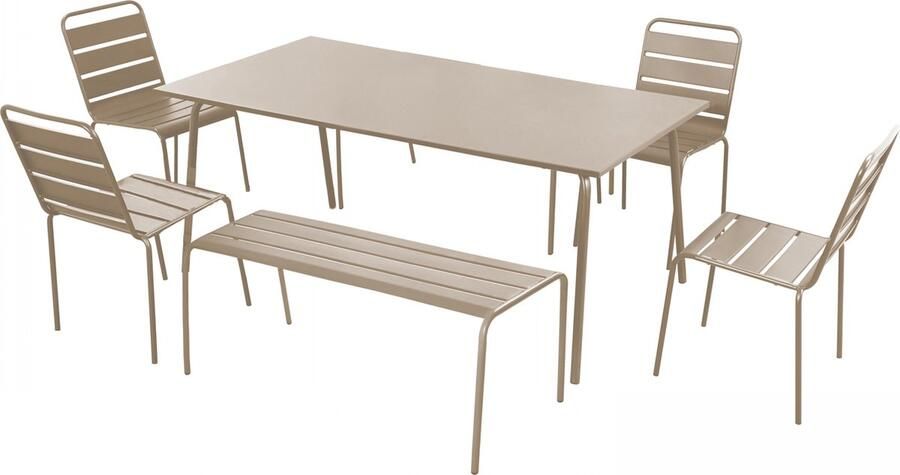 Oviala Tuinset met 2 banken en 4 stoelen van taupekleurig staal Palavas