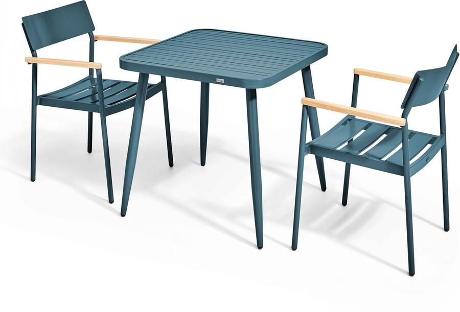 Oviala Tuinset met tafel en 2 fauteuils van aluminium hout in eendblauw