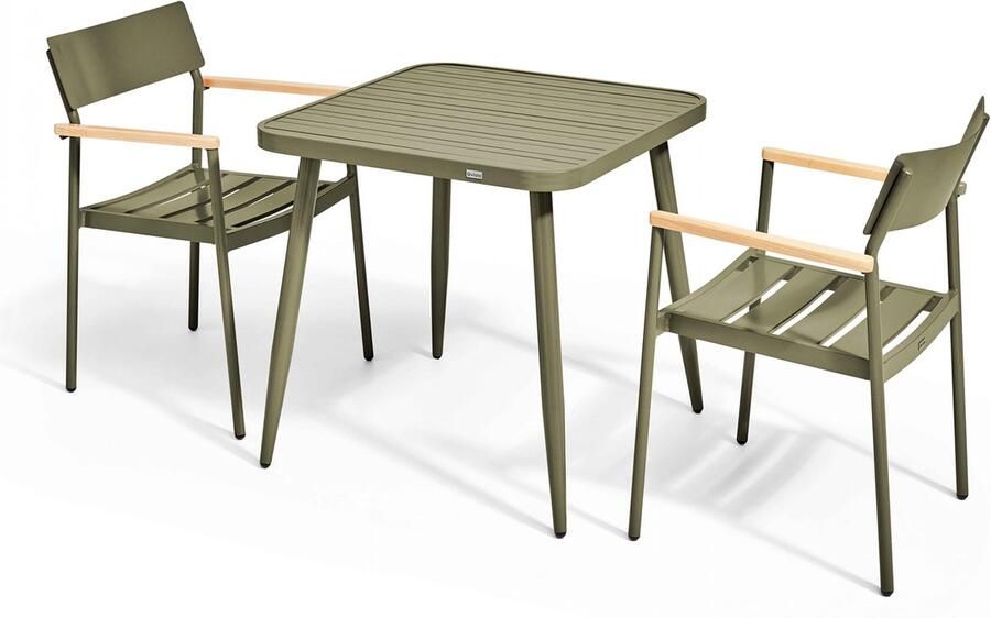 Oviala Tuinset met tafel en 2 fauteuils van aluminium hout in kaki groen