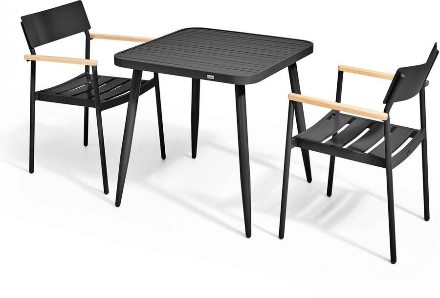Oviala Tuinset met tafel en 2 fauteuils van aluminium zwart hout