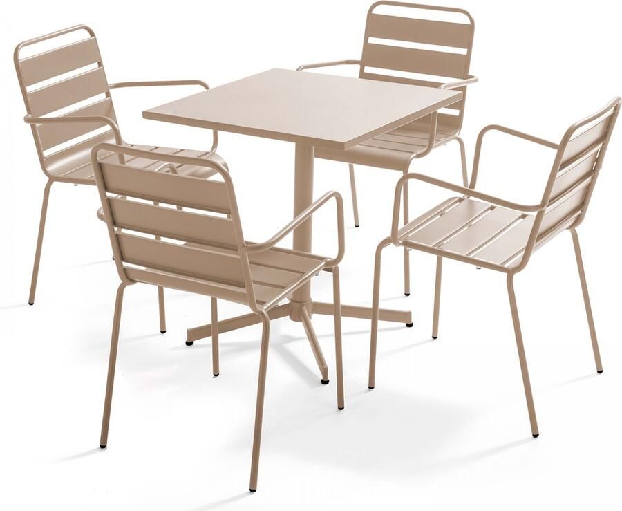 Oviala Tuinset met tafel en 4 fauteuils in taupekleurig metaal Palavas