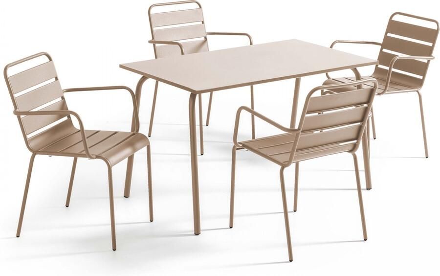 Oviala Tuinset met tafel en 4 fauteuils in taupekleurig metaal Palavas