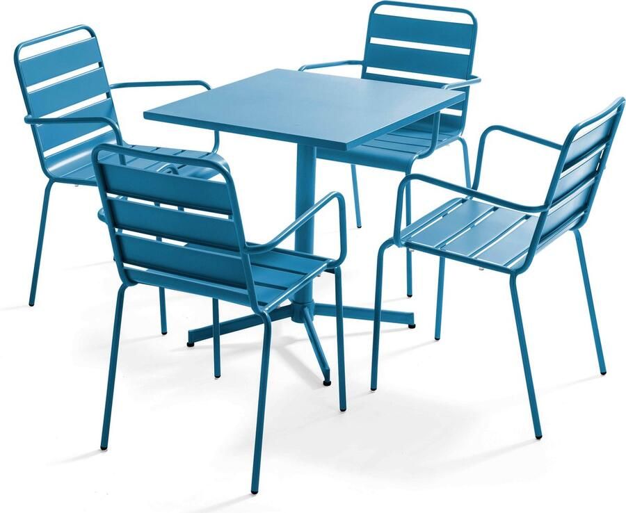 Oviala Tuinset met tafel en 4 fauteuils van blauw pacifisch metaal Palavas