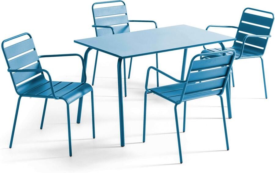 Oviala Tuinset met tafel en 4 fauteuils van blauw pacifisch metaal Palavas
