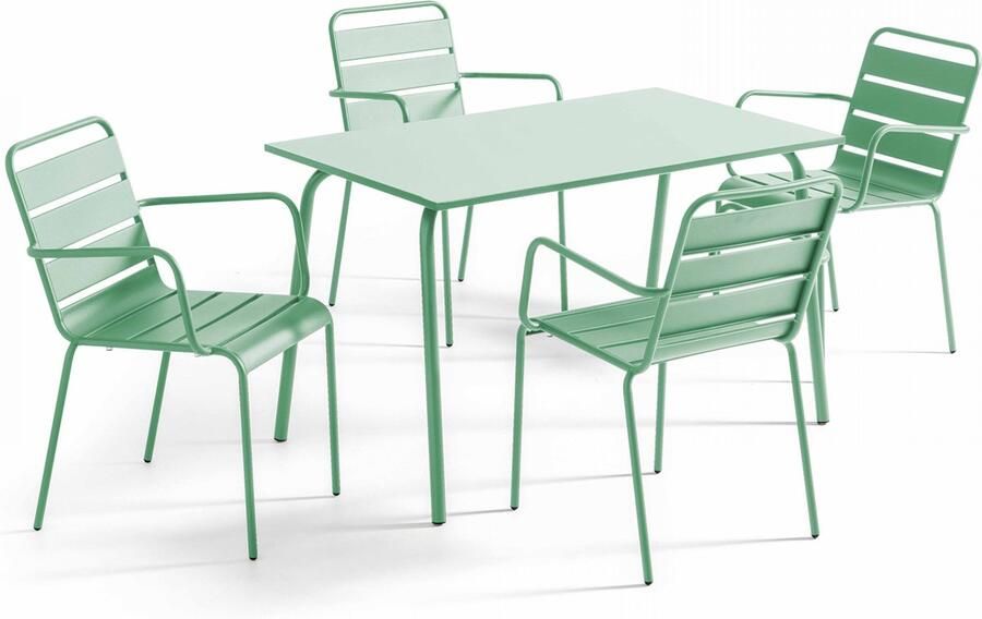 Oviala Tuinset met tafel en 4 fauteuils van groen salie metaal Palavas