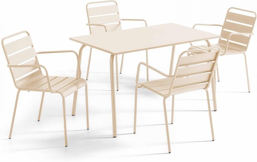 Oviala Tuinset met tafel en 4 fauteuils van ivoorkleurig metaal Palavas