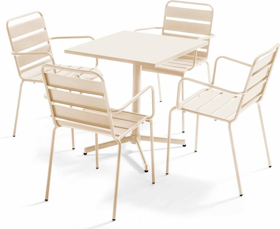 Oviala Tuinset met tafel en 4 fauteuils van ivoorkleurig metaal Palavas
