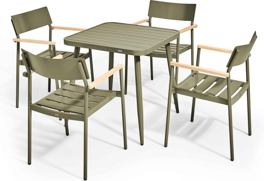 Oviala Tuinset met tafel en 4 stoelen van aluminium hout in kaki groen