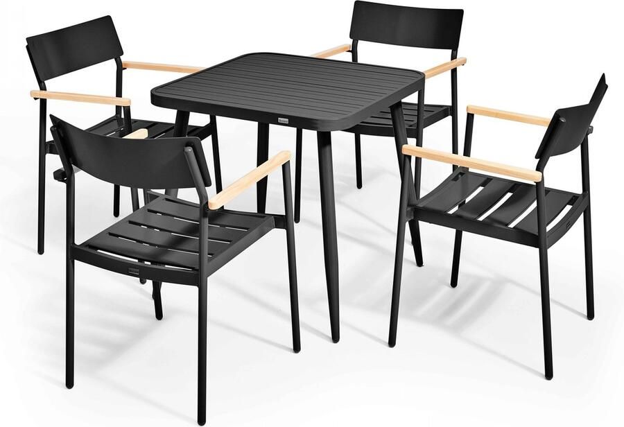 Oviala Tuinset met tafel en 4 stoelen van aluminium zwart hout