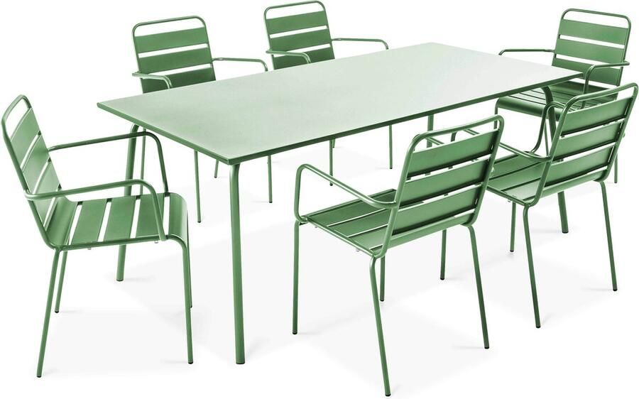 Oviala Tuinset met tafel en 6 fauteuils in cactusgroen metaal Palavas