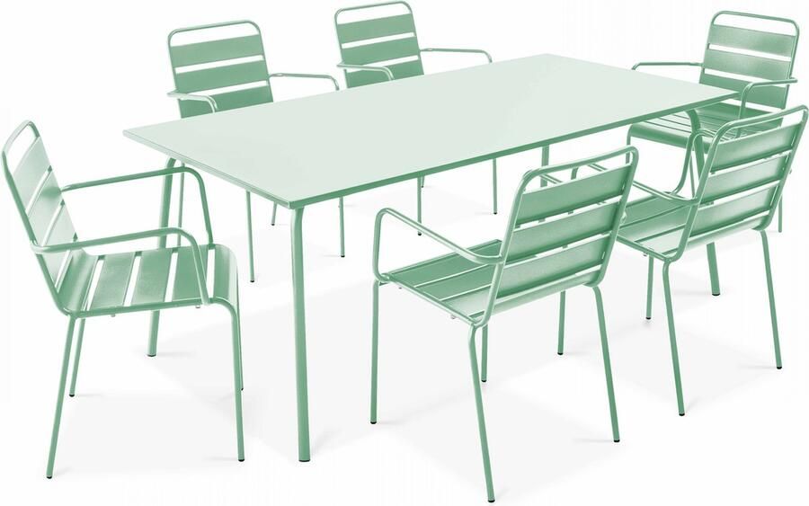 Oviala Tuinset met tafel en 6 fauteuils in saliegroen metaal Palavas