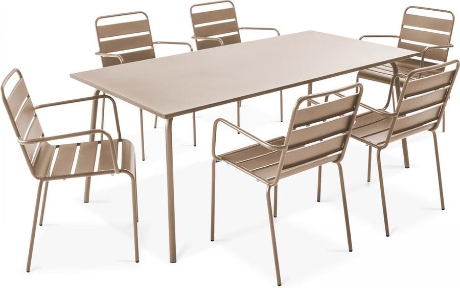 Oviala Tuinset met tafel en 6 fauteuils in taupekleurig metaal Palavas