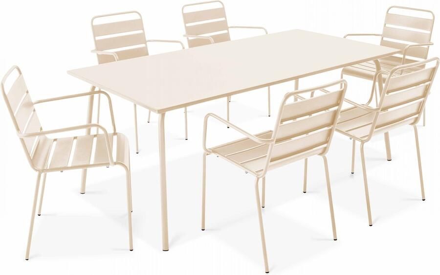 Oviala Tuinset met tafel en 6 fauteuils van ivoorkleurig metaal Palavas