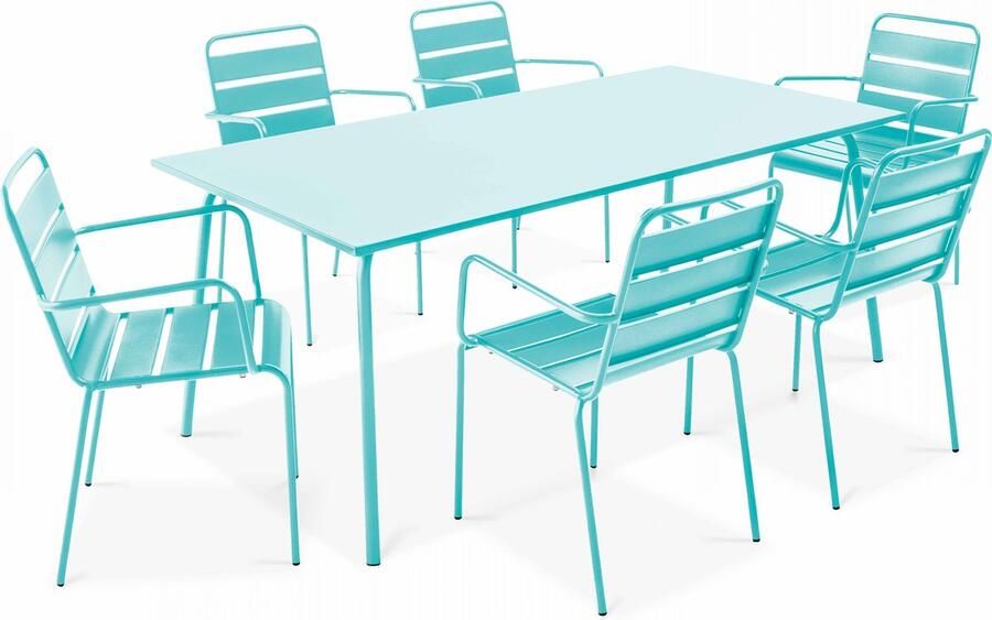 Oviala Tuinset met tafel en 6 fauteuils van turquoise metaal Palavas