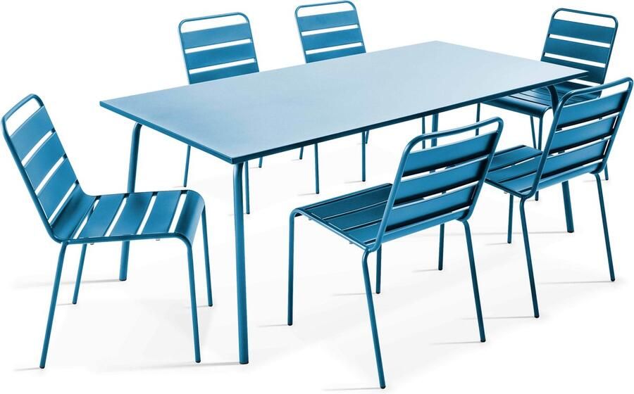 Oviala Tuinset met tafel en 6 stoelen in blauw pacifisch metaal Palavas