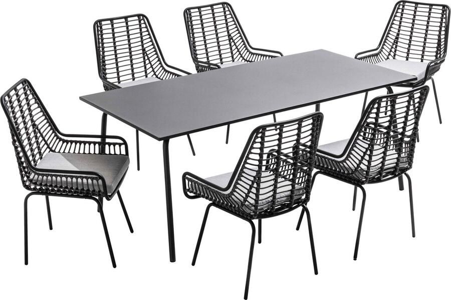 Oviala Tuinset met tafel en 6 stoelen van gevlochten kunsthars en staal Palavas