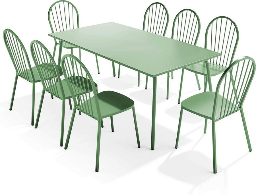 Oviala Tuinset met tafel en 8 bistrostoelen in cactusgroen staal Palavas