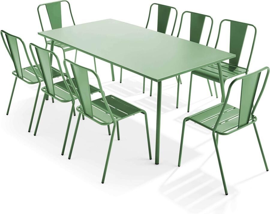 Oviala Tuinset met tafel en 8 bistrostoelen in cactusgroen staal Palavas
