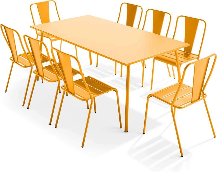Oviala Tuinset met tafel en 8 bistrostoelen in geel staal Palavas