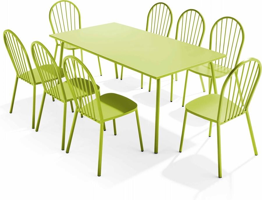 Oviala Tuinset met tafel en 8 bistrostoelen in groen staal Palavas