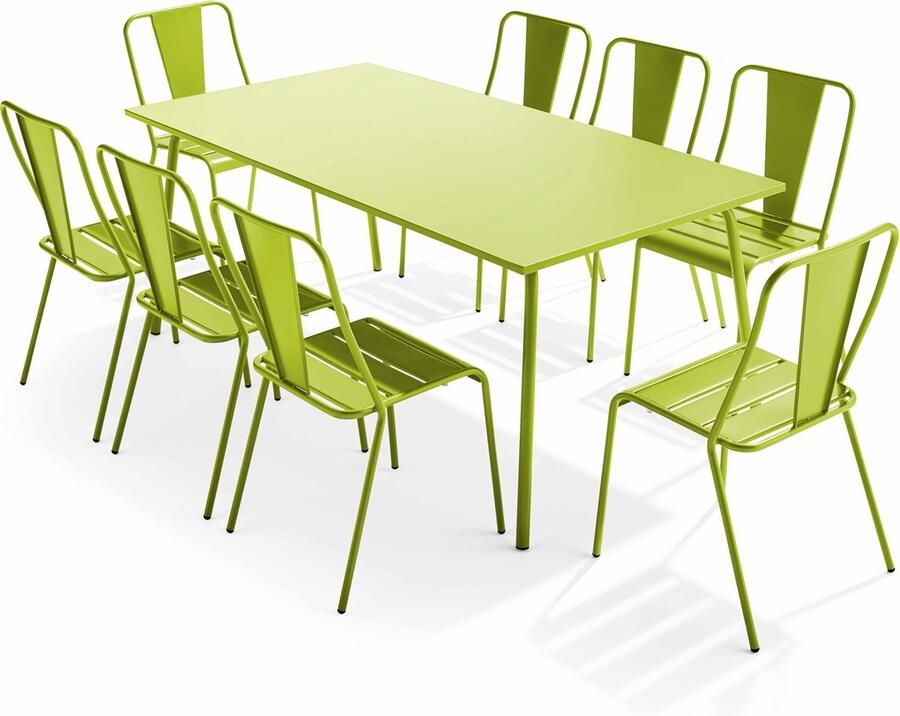 Oviala Tuinset met tafel en 8 bistrostoelen in groen staal Palavas