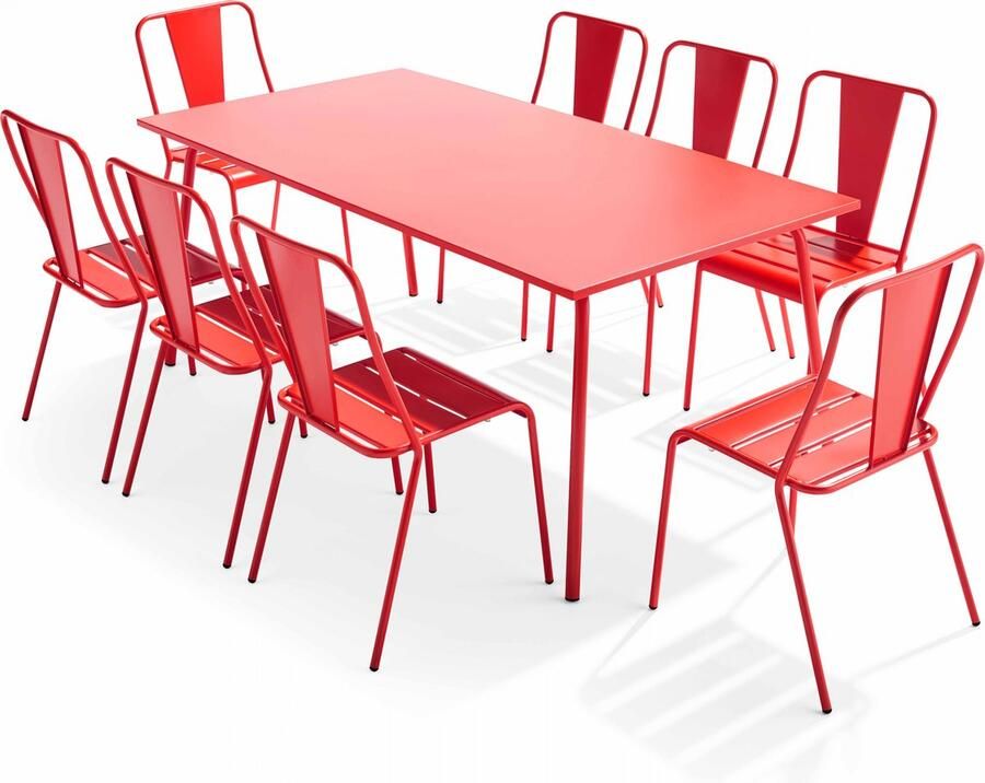 Oviala Tuinset met tafel en 8 bistrostoelen in rood staal Palavas