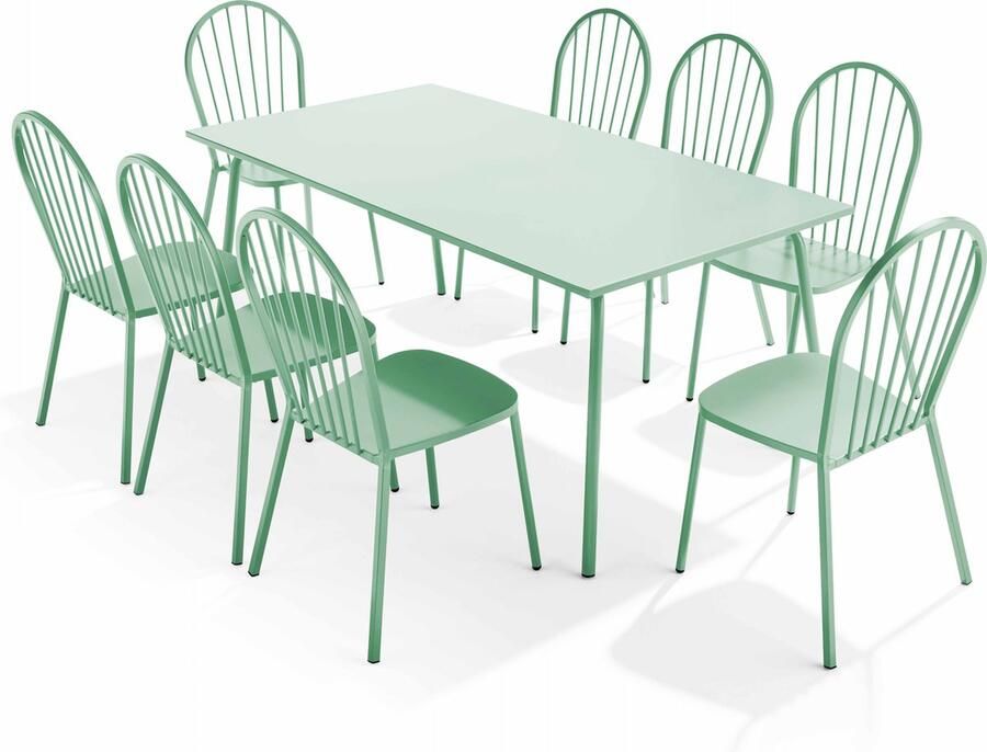 Oviala Tuinset met tafel en 8 bistrostoelen in saliegroen staal Palavas