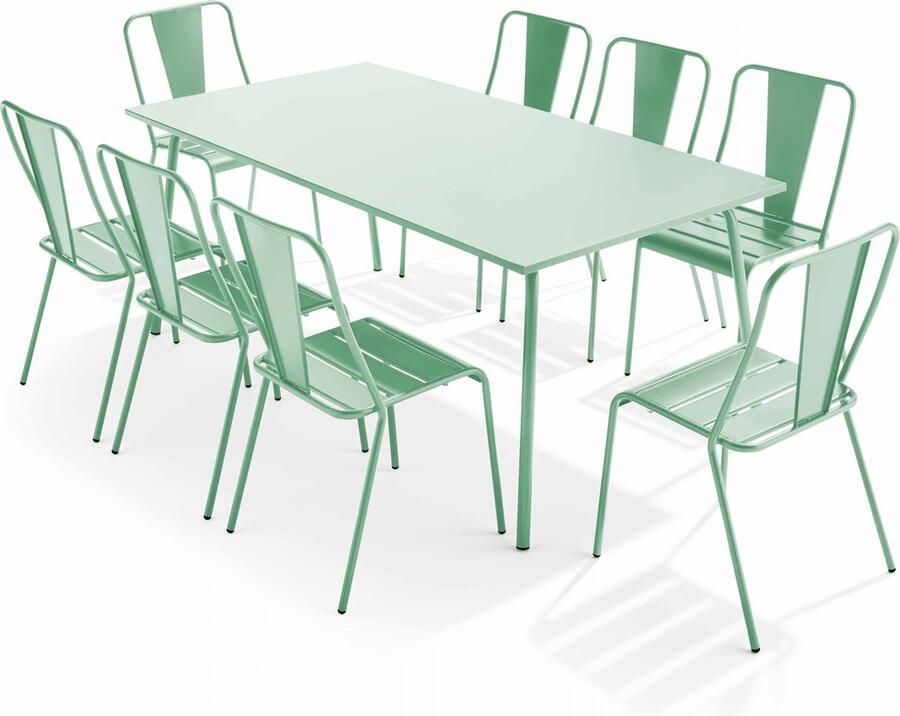 Oviala Tuinset met tafel en 8 bistrostoelen in saliegroen staal Palavas