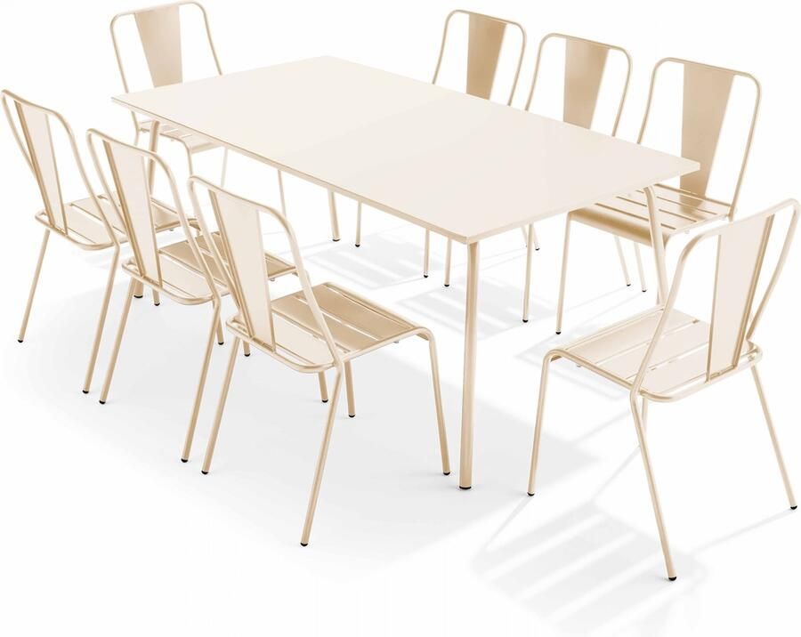 Oviala Tuinset met tafel en 8 bistrostoelen van ivoorkleurig staal Palavas
